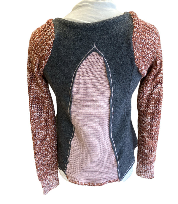 Gray sweater with cream & cranberry sleeves, pink back insert