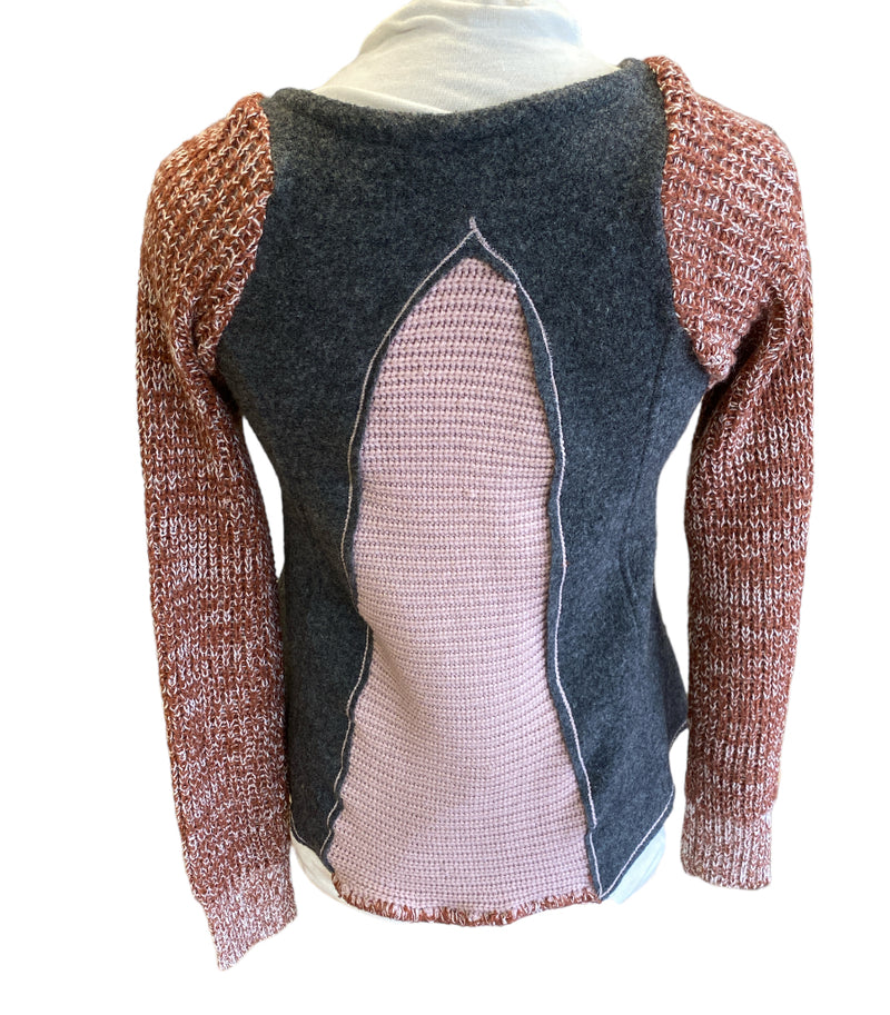 Gray sweater with cream & cranberry sleeves, pink back insert